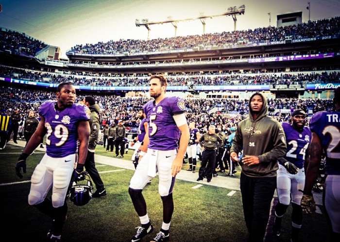 Nov 15, 2015; Baltimore, MD, USA; Baltimore Ravens quarterback Joe Flacco (5) reacts after losing to the Jacksonville Jaguars 22-20 at M&T Bank Stadium. Mandatory Credit: Evan Habeeb-USA TODAY Sports